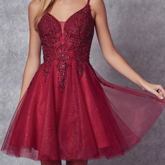 NEW BURGUNDY PROM PARTY GLITTERY SHORT MINI A-LINE  GOWN DRESS JT857 - Picture 5 of 5